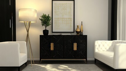 Elegant Living Room Decor Featuring Black Cabinet And White Sofa