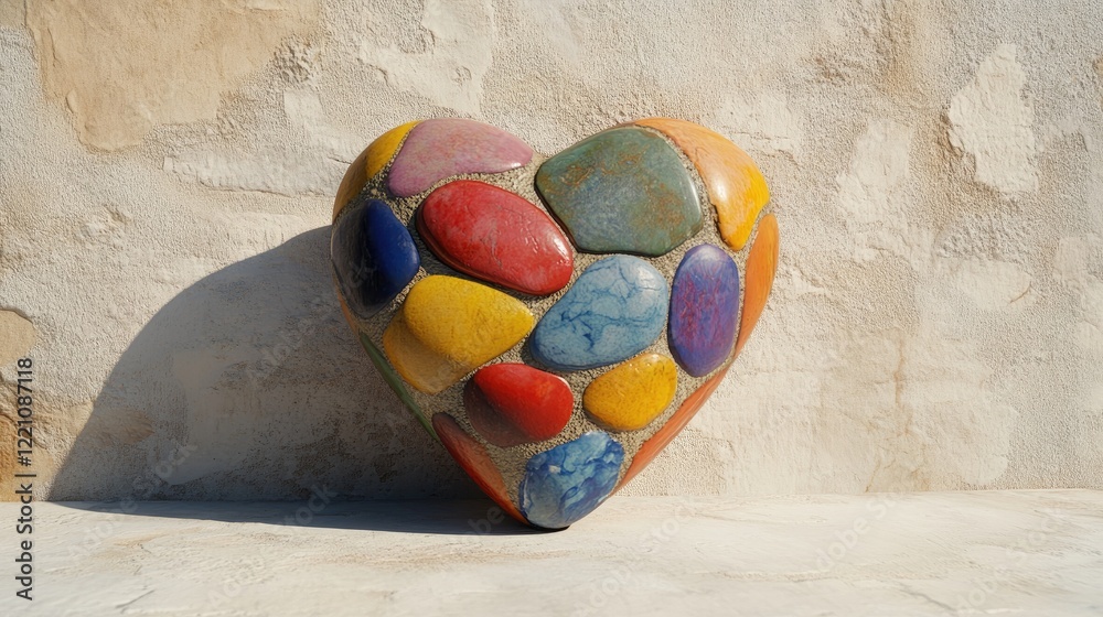 Poster A vibrant heart-shaped design created with multi-colored river stones, resting on a soft beige surface with gentle shadows for added depth.
