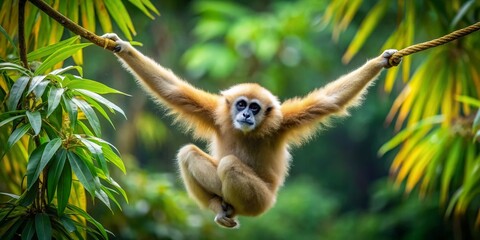 Fototapeta premium White-Handed Gibbon Hanging, Long Exposure, Gunung Leuser National Park, Sumatra, Indonesia