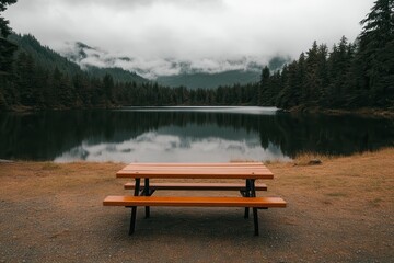 Fototapeta premium Camping road trip on the highways Serene lakeside picnic table surrounded by misty mountains.
