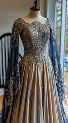 Blue and Gold Iridescent Lace Dress with Cape on Mannequin