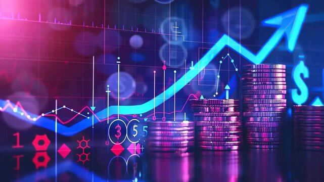 Money coin stack growing graph investment. Finance save. Success, growth wealth stock market. Business in the digital age. Trading chart in financial concepts. Prosperity. Cryptocurrency. Technology