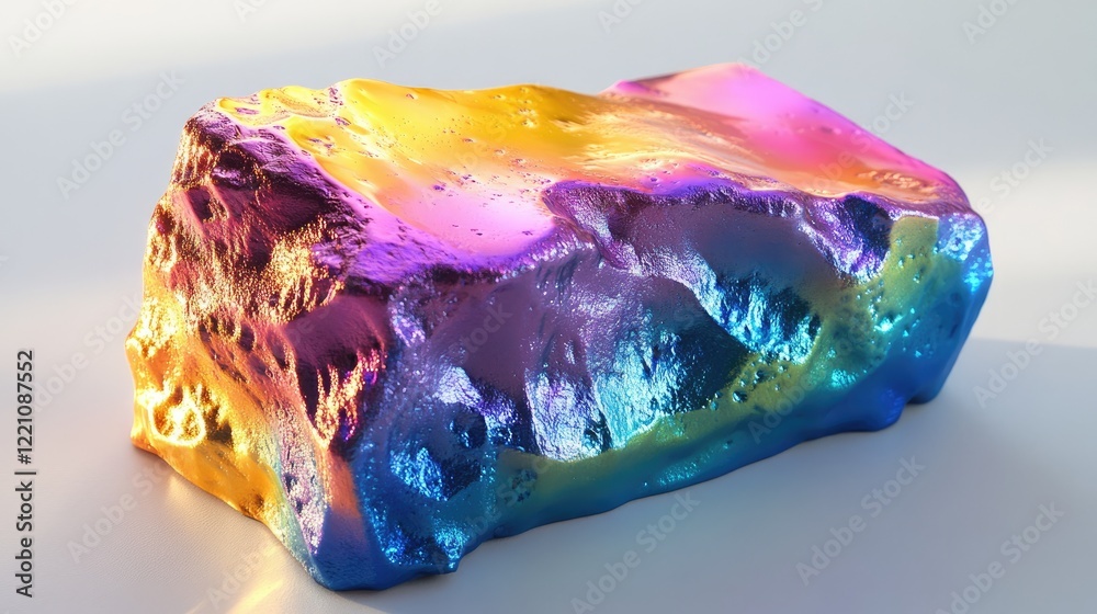 Poster a vibrant piece of rainbow-colored clay with a foam-like texture, capturing its metallic sheen as it