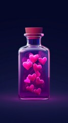 A vibrant glass bottle filled with glowing pink hearts, symbolizing love and affection in a whimsical, enchanting display.