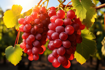 Two bunches of red grapes hanging from a vine. The grapes are ripe and ready to be picked