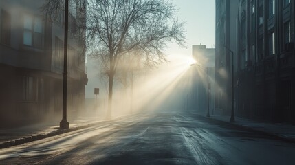 Deserted street with hazy sunlight struggling through dense urban smog, [air quality decline], [urban pollution].