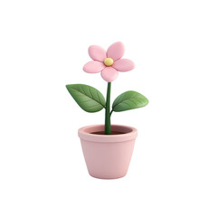 Fototapeta premium 3D illustration of a simple flower in a pink pot with green leaves, showcasing a minimalistic design. Perfect for garden and decor themes. Isolated on transparent background, png.