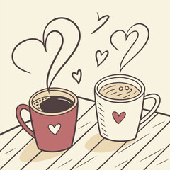 Two coffee mugs with heart-shaped steam ector illustration