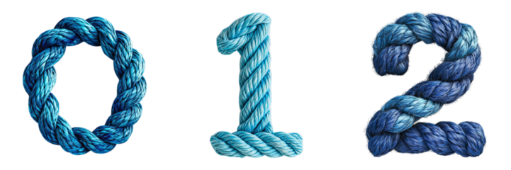Png of Numbers 0, 1, and 2 made from blue braided rope with a detailed texture on transparent background.