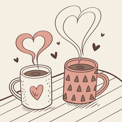Two coffee mugs with heart-shaped steam ector illustration