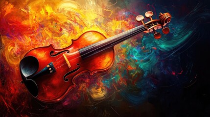 Fototapeta premium A violin bathed in vibrant colors, surrounded by artistic, swirling music patterns that bring the rhythm to life.