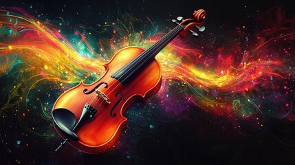 Fototapeta premium A violin bathed in vibrant colors, surrounded by artistic, swirling music patterns that bring the rhythm to life.