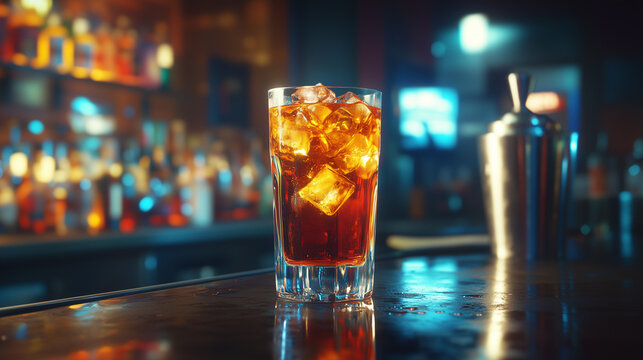 Long Island Iced Tea cocktail on a bar counter with ice, vibrant nightlife ambiance, refreshing drink