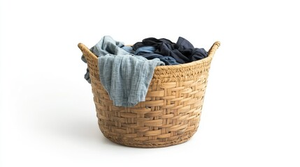 A well-constructed laundry basket overflowing with clothes, placed neatly against a seamless white backdrop to create a calm, minimalist aesthetic