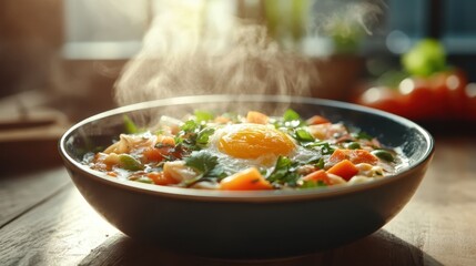 An inviting breakfast bowl featuring a perfectly cooked egg on top, surrounded by colorful ingredients suggests a nourishing start to the day filled with joy and energy.