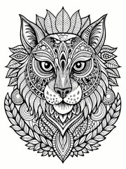 Animal Face Mandala Coloring Page for Adults, black and white, black line art, Isolated on white background