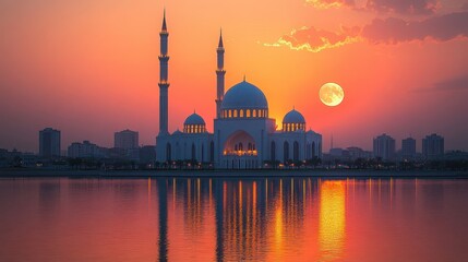 Majestic Mosque at Sunset with Full Moon Reflection