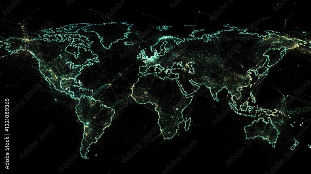 Poster a world map with glowing connections between people, representing the power of technology in linking