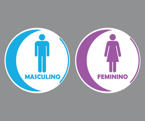 Placas Banheiro Redondas Com Meia Lua. Masculino e Feminino. Nos Tons Azul e Rosa Com Fundo Branco.