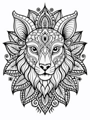 Fototapeta premium Animal Face Mandala Coloring Page for Adults, black and white, black line art, Isolated on white background