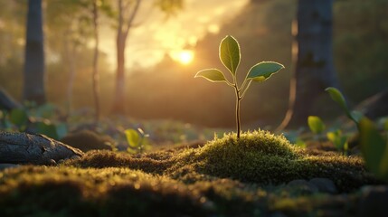 A young sapling on moss-covered ground in a quiet forest at sunset, embodying the resilience and beauty of nature.