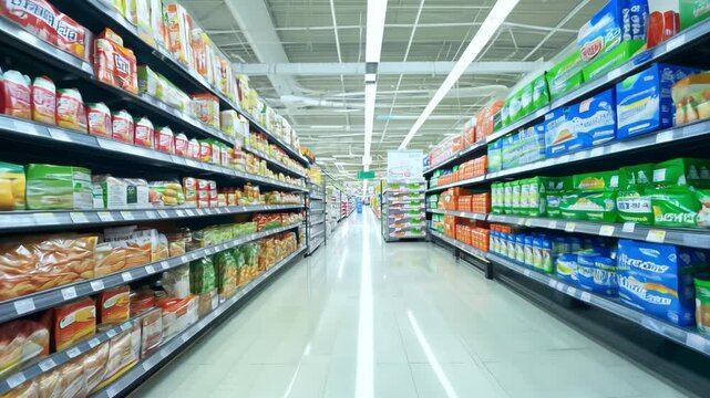 Supermarket aisles with shelves full of products