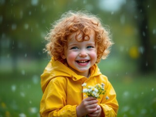 A smiling toddler with curly red hair wears a yellow raincoat and holds a small bouquet of flowers