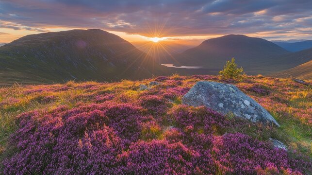 Sunset over Scottish Highlands heather landscape