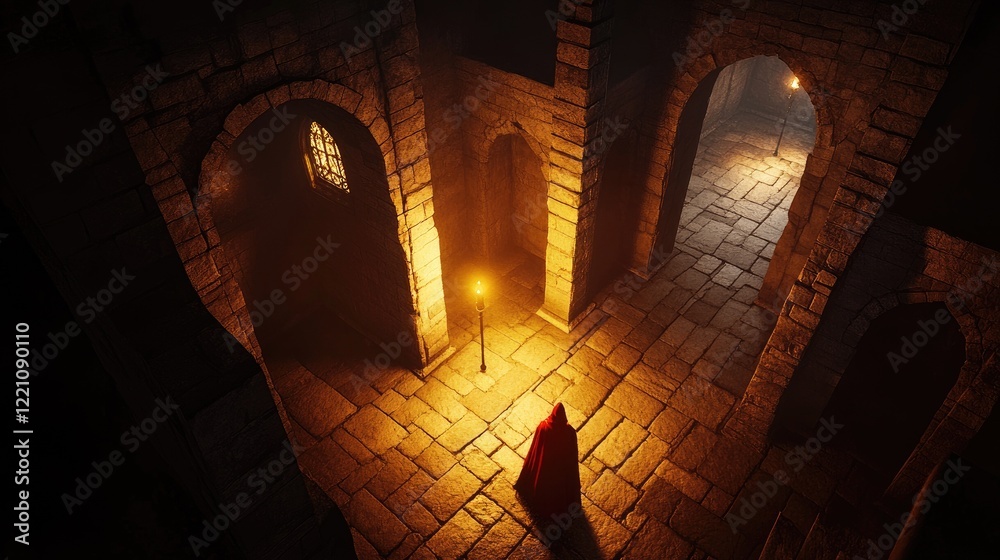 Poster an adventurer exploring the forgotten halls of a mysterious monastery, torchlight illuminating the e