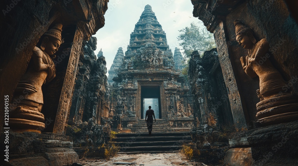 Poster an adventurer stepping through the grand entrance of an ancient monastery, surrounded by relics and 