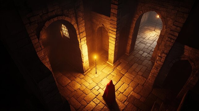 An adventurer exploring the forgotten halls of a mysterious monastery, torchlight illuminating the eerie and cryptic surroundings.