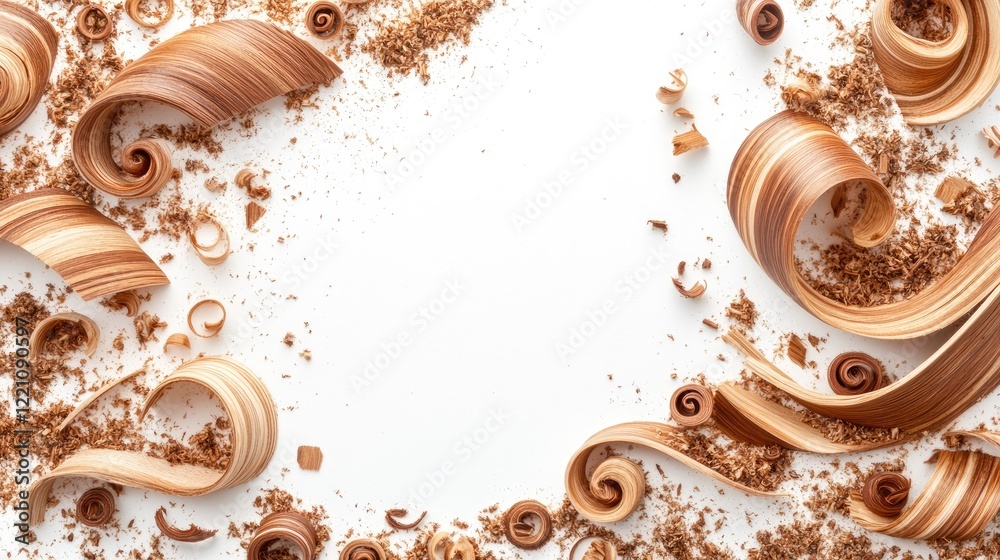 Poster an artistic composition of wood curls and sawdust scattered on a white background, leaving room for 