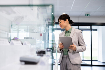 Experienced Japanese product manager controlling quality of products in electronics factory.