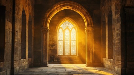 An elegant arch window with intricate carvings in an ancient stone building, bathed in warm sunlight streaming through its frame.