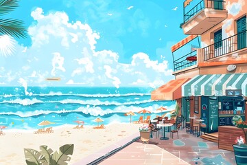 Illustration of Dreamy seaside town where animated waves blend seamlessly with trendy illustrated beachfront shops and cafes. Ai Generate.
