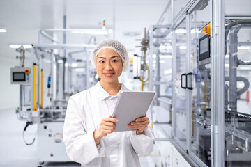 Naklejka premium Japanese engineer standing by highly sophisticated industrial machine producing computer chips and electronic components.