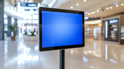 digital screen in mall displaying blank blue background, surrounded by modern shopping environment. sleek design and bright lighting create contemporary atmosphere
