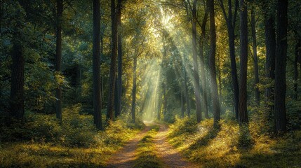 Fototapeta premium Sunlight filtering through majestic forest trees on a serene pathway