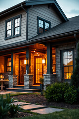 Obraz premium Spectacular Modern Brick House Exterior at Night. Luxurious Home Design, Landscaping, and Warm Lighting Create a Cozy Atmosphere. Real Estate Photography