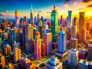 Naklejka premium Vibrant Retro Pop Art City Skyline: Futuristic 3D Architecture, Tilt-Shift Effect