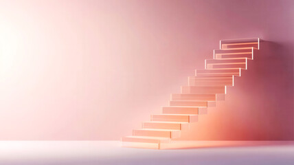 Floating glass staircase leading to a glowing success symbol, corporate theme, 3D illustration,