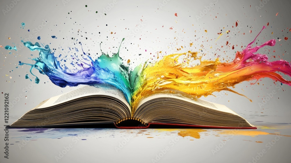 Poster An open book with colorful paint splashes flying from the pages, representing the fusion of literature and artistic expression.
