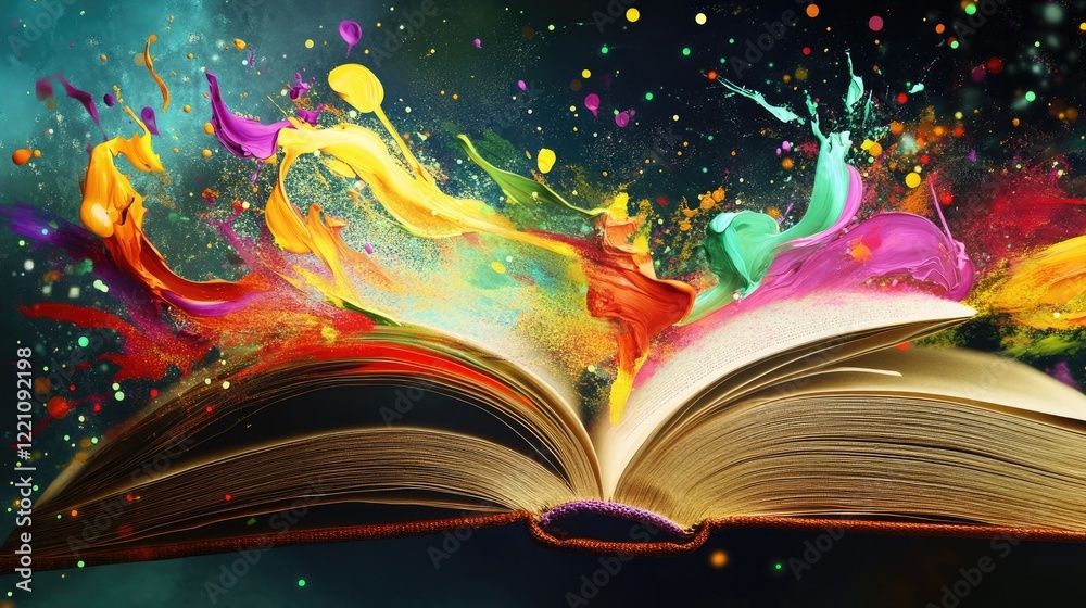 Poster An open book with colorful paint splashes flying from the pages, representing the fusion of literature and artistic expression.
