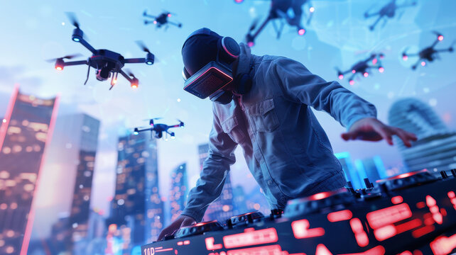 DJ performing on futuristic platform with drones above cityscape, creating electrifying atmosphere. vibrant lights and urban backdrop enhance energetic vibe