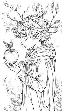 Elves coloring pages for kids. Thoughtful elf boy with a serene expression holding an apple surrounded by nature, copy space