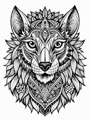Obraz premium Animal Face Mandala Coloring Page for Adults, black and white, black line art, Isolated on white background