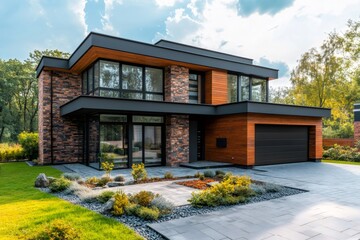 Modern house exterior with garden and driveway showing contemporary architecture