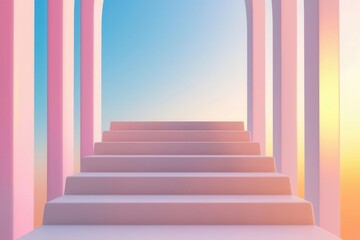 Geometric staircase leading to business achievements, high-tech atmosphere, 3D illustration,
