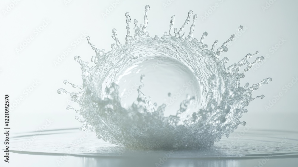 Poster artistic shot of crown-shaped water splash transforming into a sphere on a white surface, symbolizin