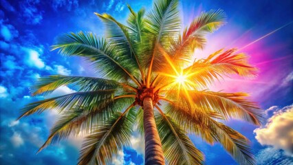 A solitary palm tree stands tall against a vibrant sky, its fronds reaching towards a radiant sun that illuminates the clouds with a kaleidoscope of colors.